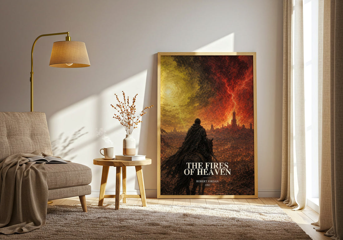 The Fires of Heaven watercolour print in frame leaning in hallway – fantasy wall art (mockup)