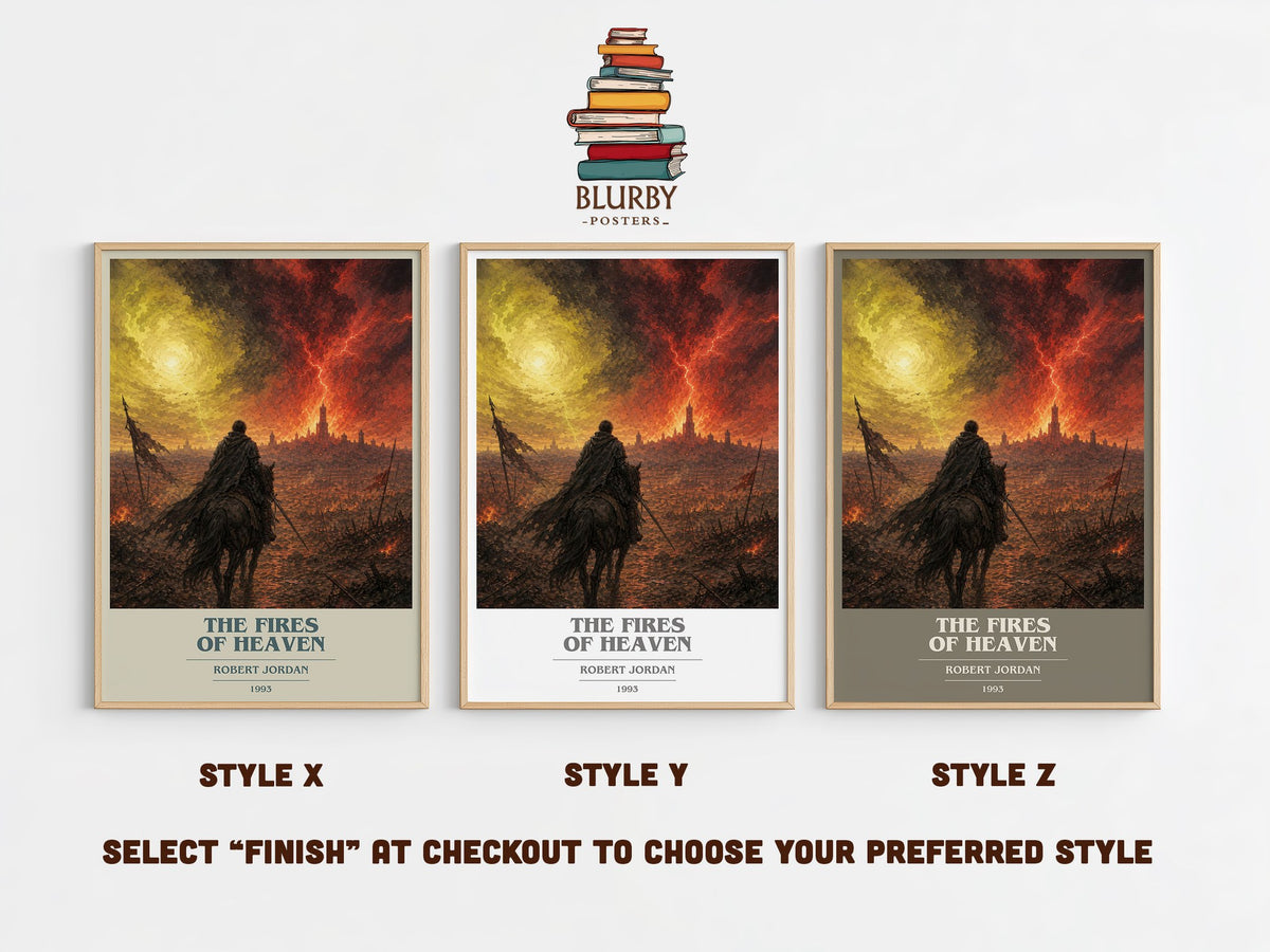 The Fires of Heaven book cover print in frame leaning in hallway – fantasy wall art (mockup)
