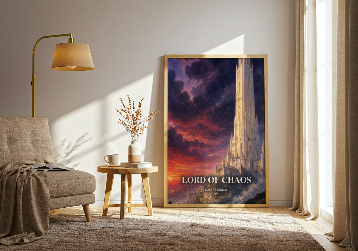 Lord of Chaos watercolour print in frame leaning in hallway – fantasy wall art (mockup)