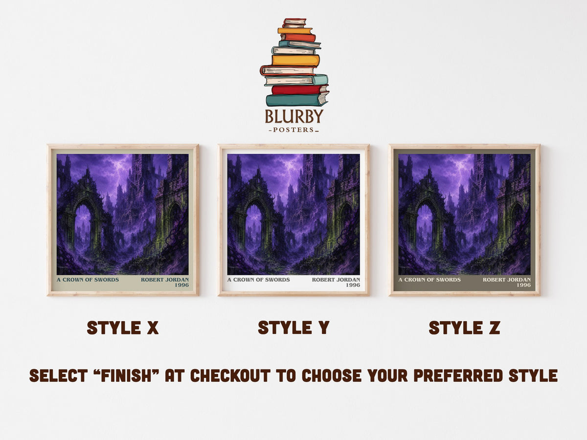 A Crown of Swords literary print in frame leaning in hallway – fantasy wall art (mockup)