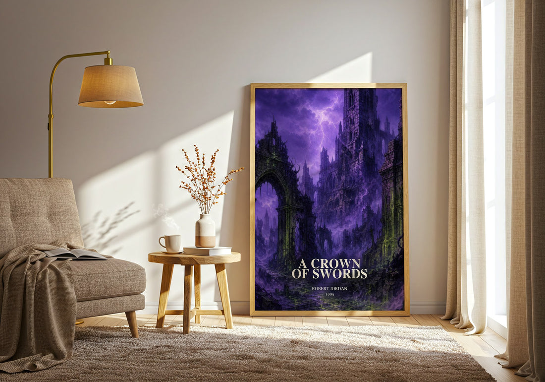 A Crown of Swords watercolour print in frame leaning in hallway – fantasy wall art (mockup)