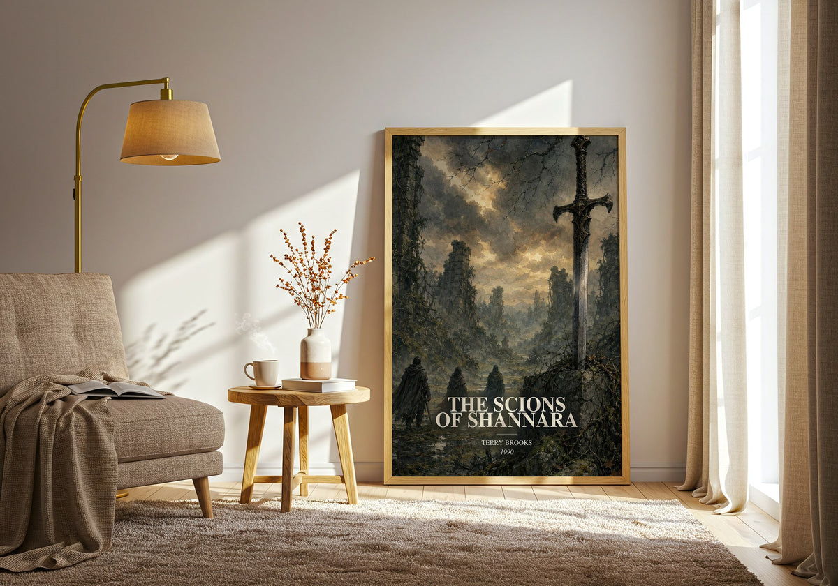 The Scions of Shannara watercolour print in frame leaning in hallway – fantasy wall art (mockup)