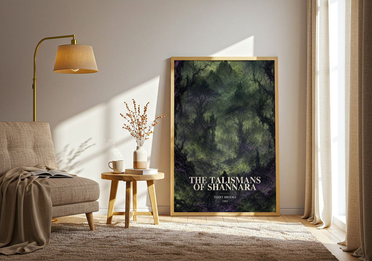The Talismans of Shannara watercolour print in frame leaning in hallway – fantasy wall art (mockup)