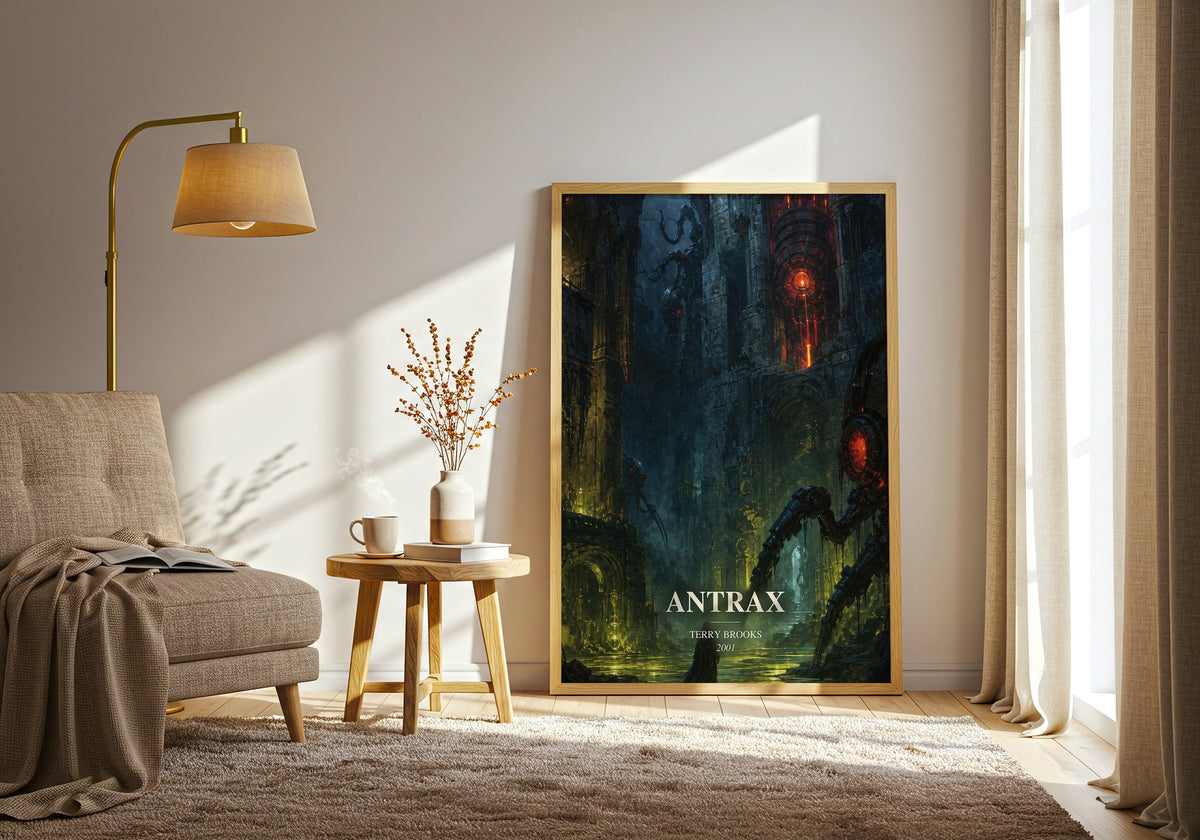 Antrax watercolour print in frame leaning in hallway – fantasy wall art (mockup)