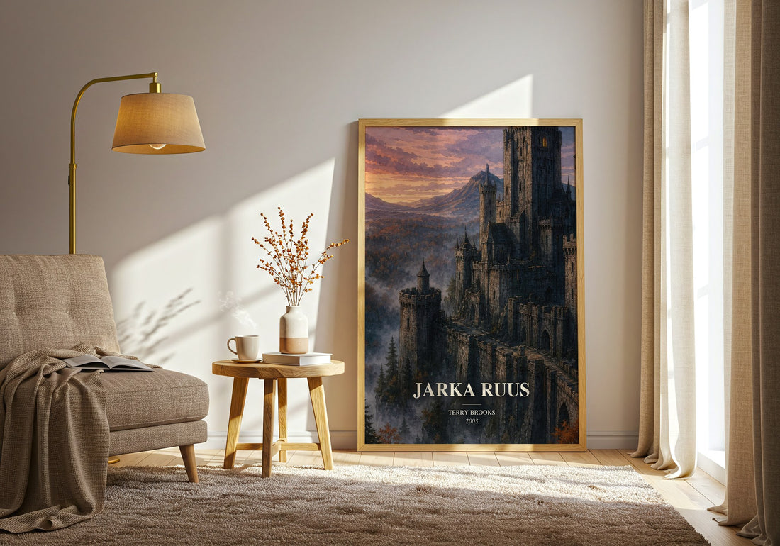 Jarka Ruus watercolour print in frame leaning in hallway – fantasy wall art (mockup)