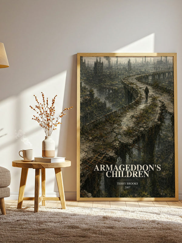 Armageddon's Children watercolour print in frame leaning in hallway – dystopian wall art