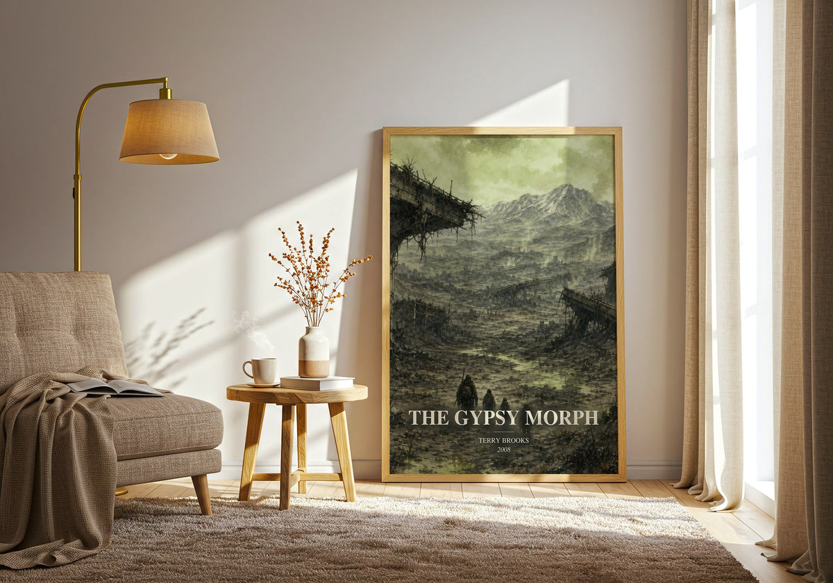 The Gypsy Morph watercolour print in frame leaning in hallway – fantasy wall art (mockup)