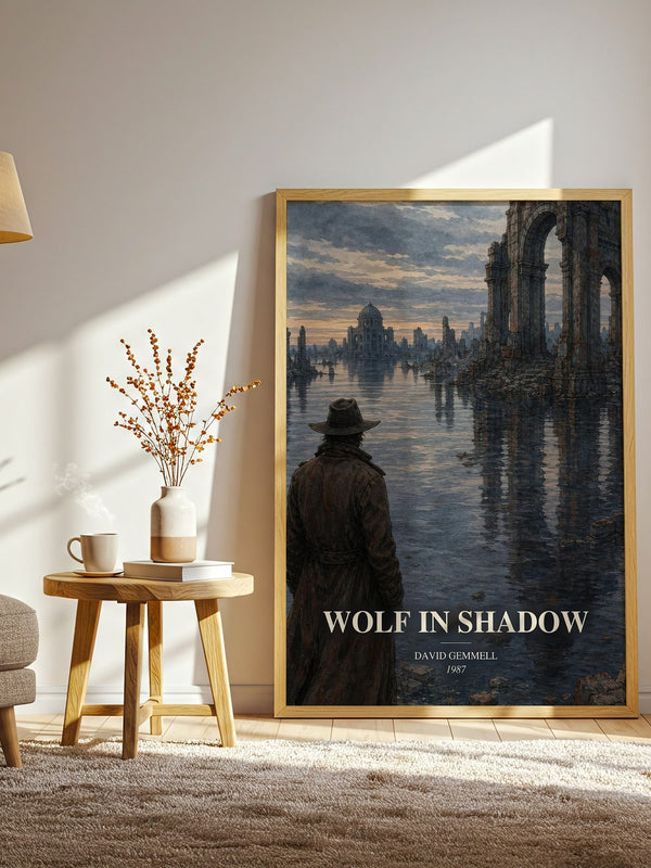 Wolf in Shadow watercolour print in frame leaning in hallway – fantasy wall art