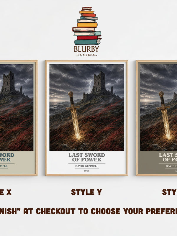 Last Sword of Power book cover print in frame leaning in hallway – fantasy wall art