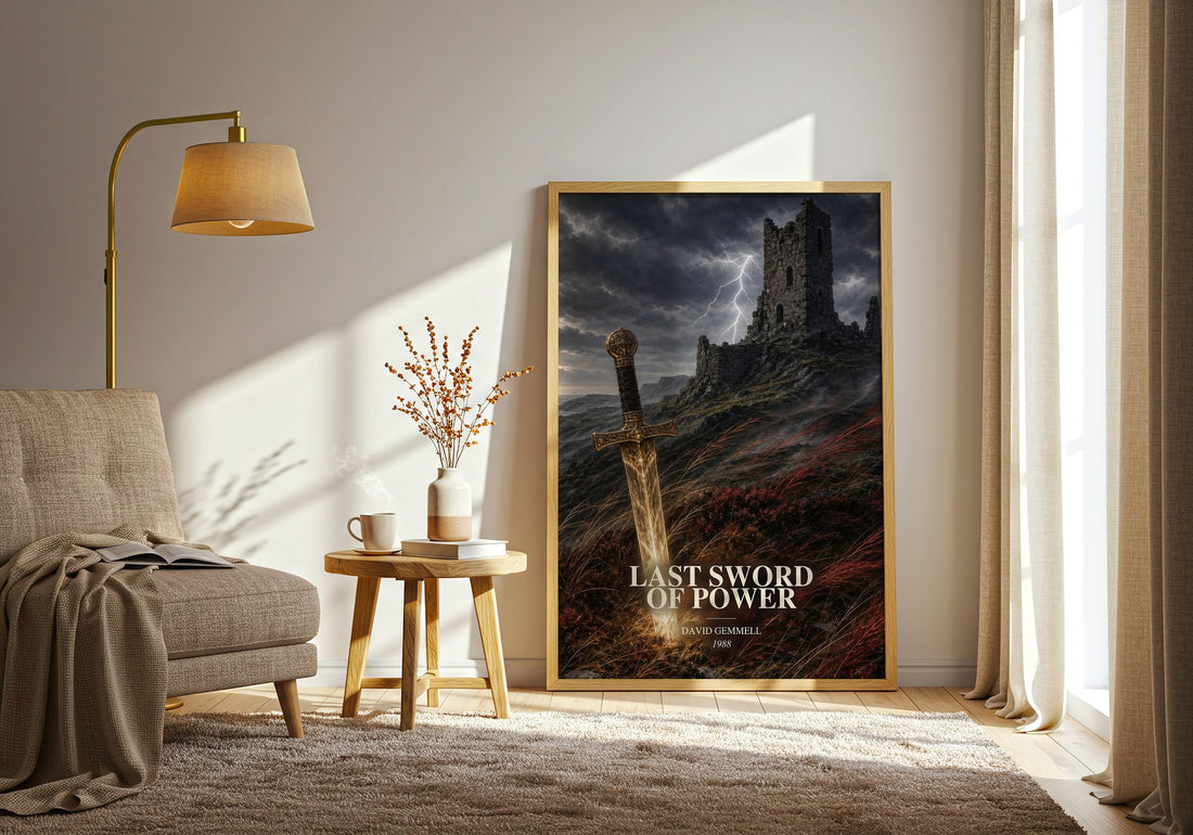 Last Sword of Power watercolour print in frame leaning in hallway – fantasy wall art (mockup)