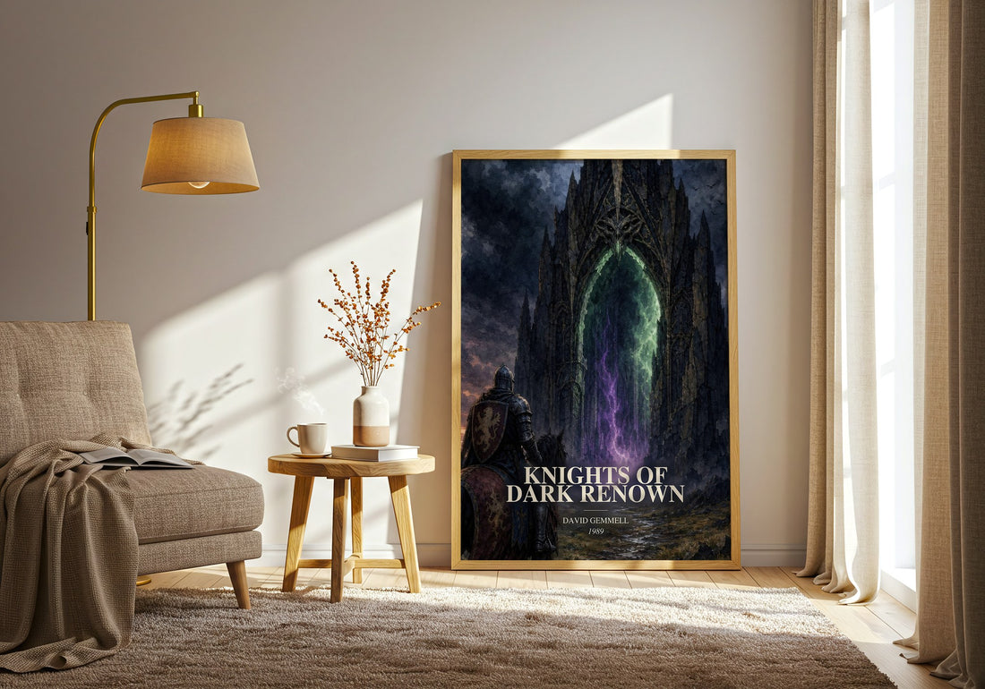Knights of Dark Renown watercolour print in frame leaning in hallway – fantasy wall art (mockup)