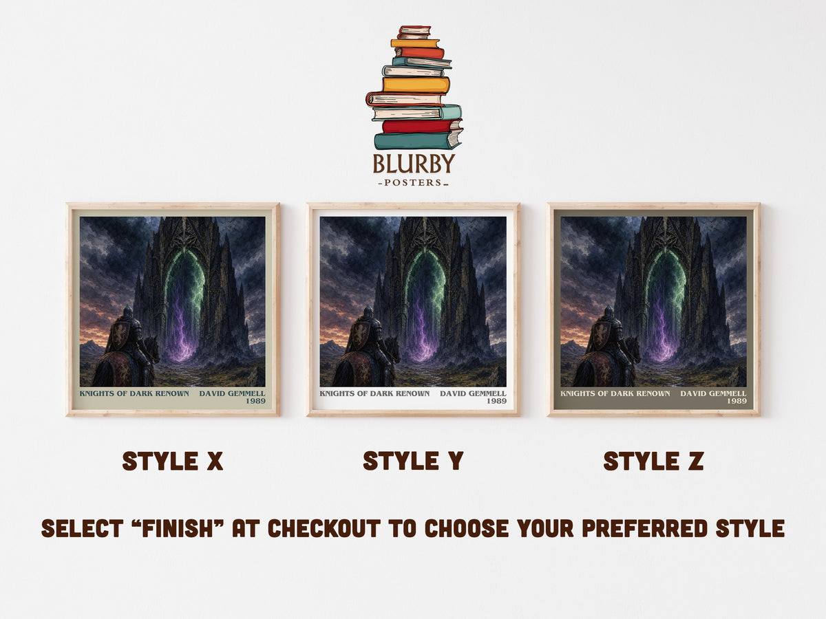 Knights of Dark Renown literary print in frame leaning in hallway – fantasy wall art (mockup)