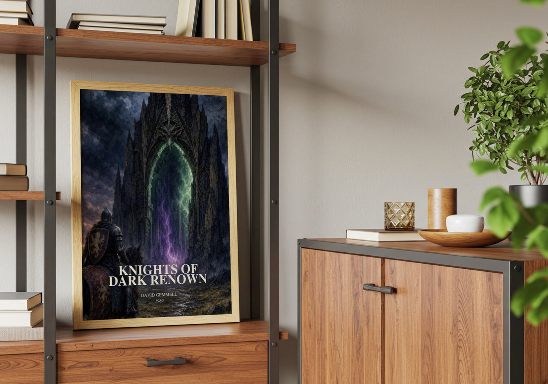 Knights of Dark Renown Book Watercolour Illustration by David Gemmell – framed print on a shelf by a wooden cabinet