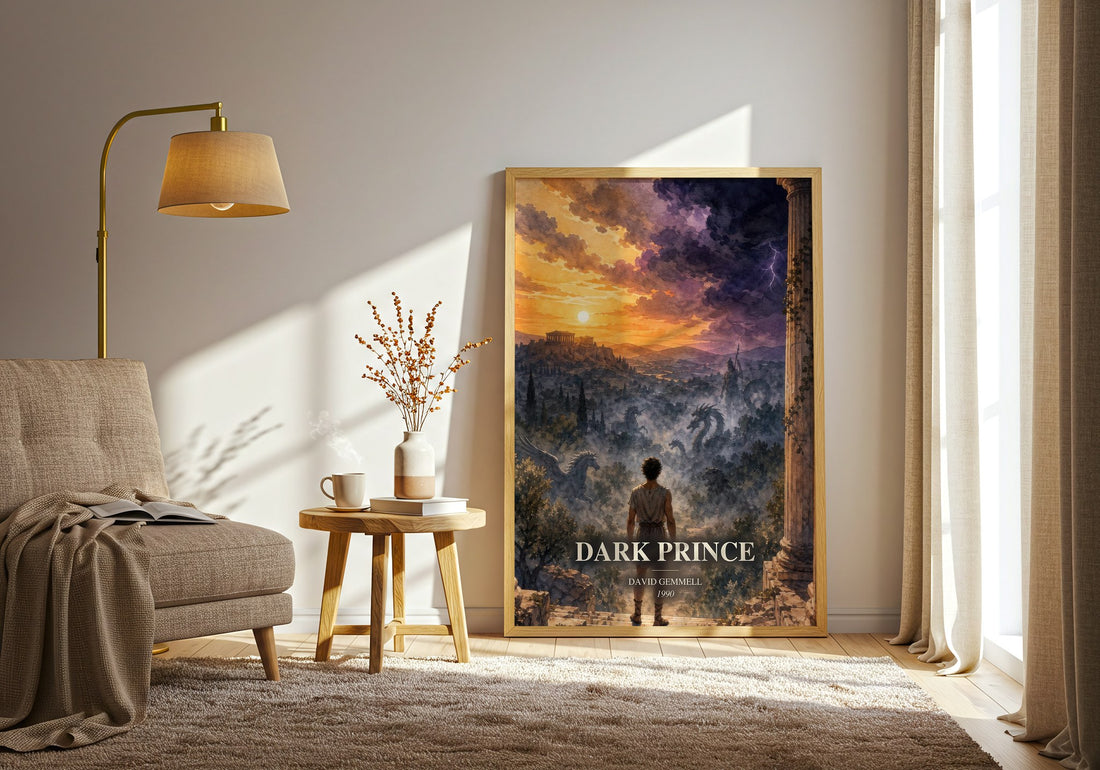 Dark Prince watercolour print in frame leaning in hallway – fantasy wall art (mockup)