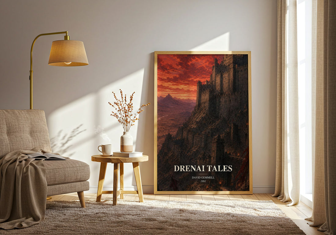 Drenai Tales watercolour print in frame leaning in hallway – fantasy wall art (mockup)