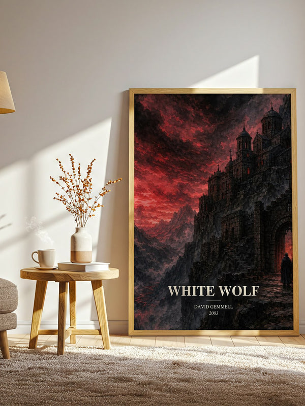 White Wolf watercolour print in frame leaning in hallway – fantasy wall art