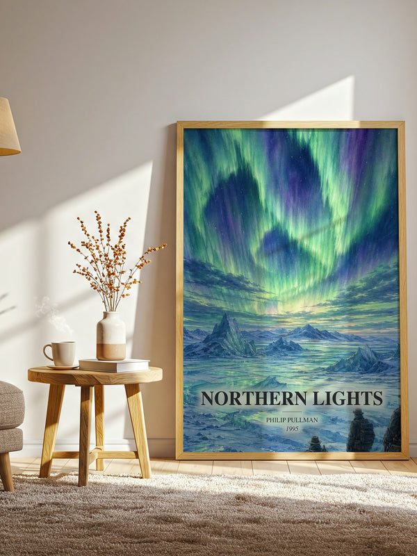 Northern Lights watercolour print in frame leaning in hallway – fantasy wall art
