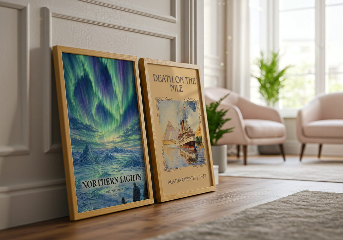 Northern Lights watercolour print framed by window – literary home decor