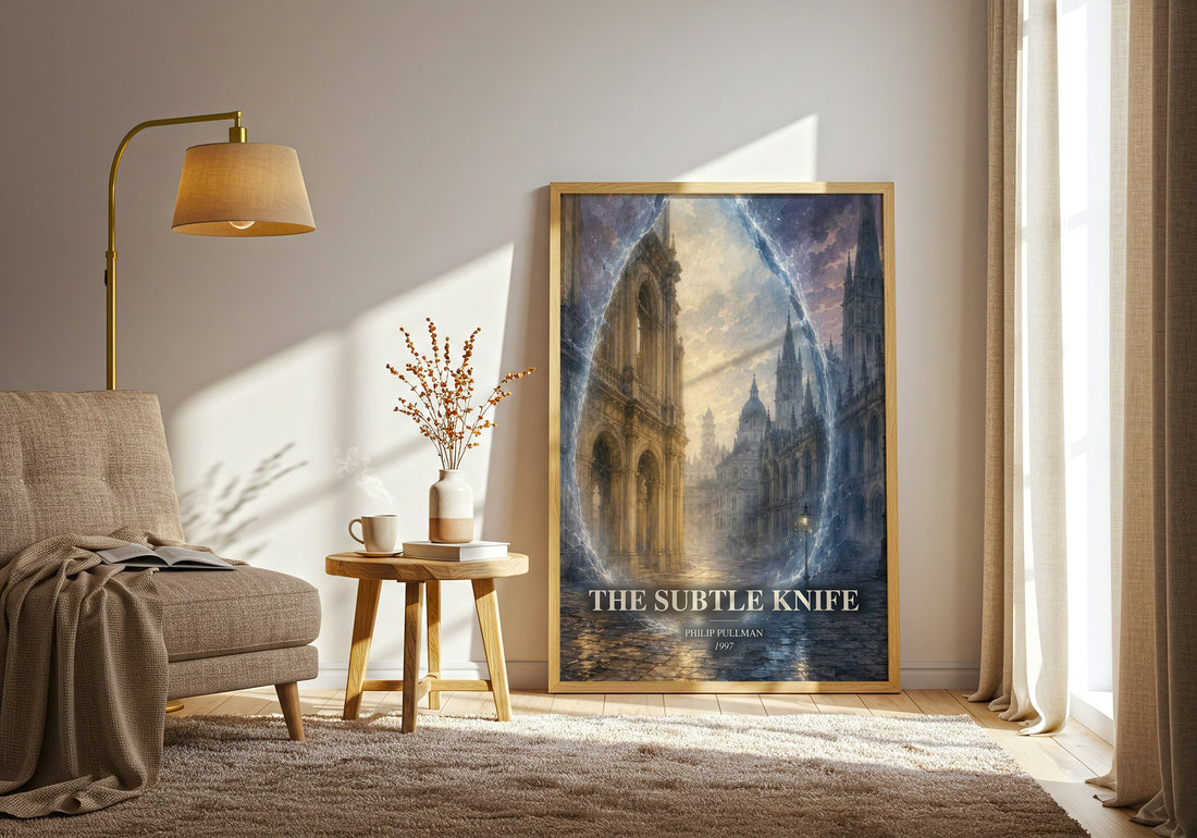 The Subtle Knife watercolour print in frame leaning in hallway – fantasy wall art (mockup)