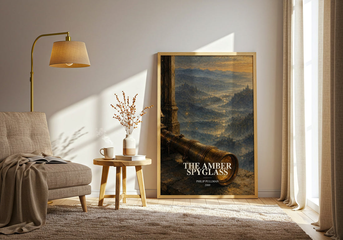 The Amber Spyglass watercolour print in frame leaning in hallway – fantasy wall art (mockup)