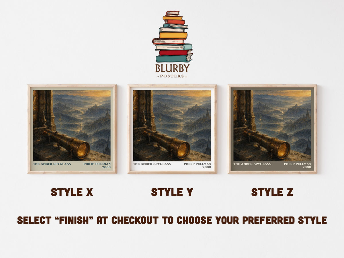 The Amber Spyglass literary print in frame leaning in hallway – fantasy wall art (mockup)