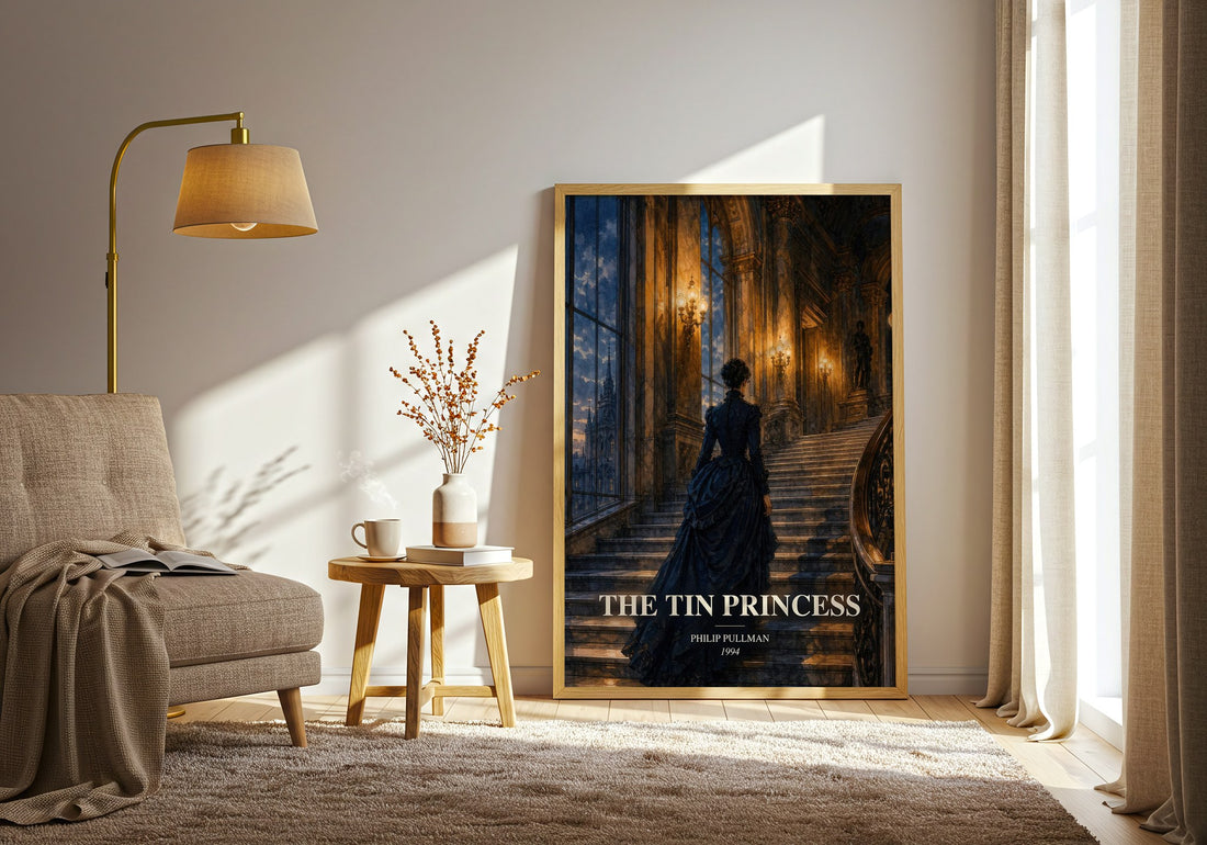 The Tin Princess watercolour print in frame leaning in hallway – adventure wall art (mockup)