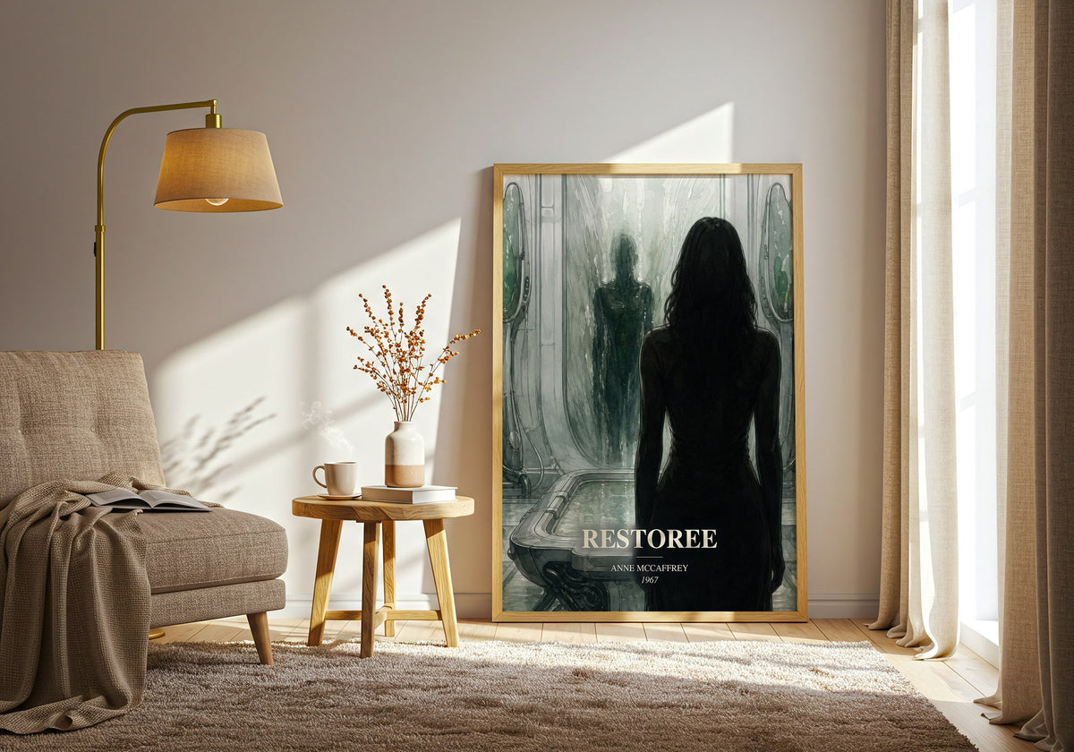 Restoree watercolour print in frame leaning in hallway – sci fi wall art (mockup)