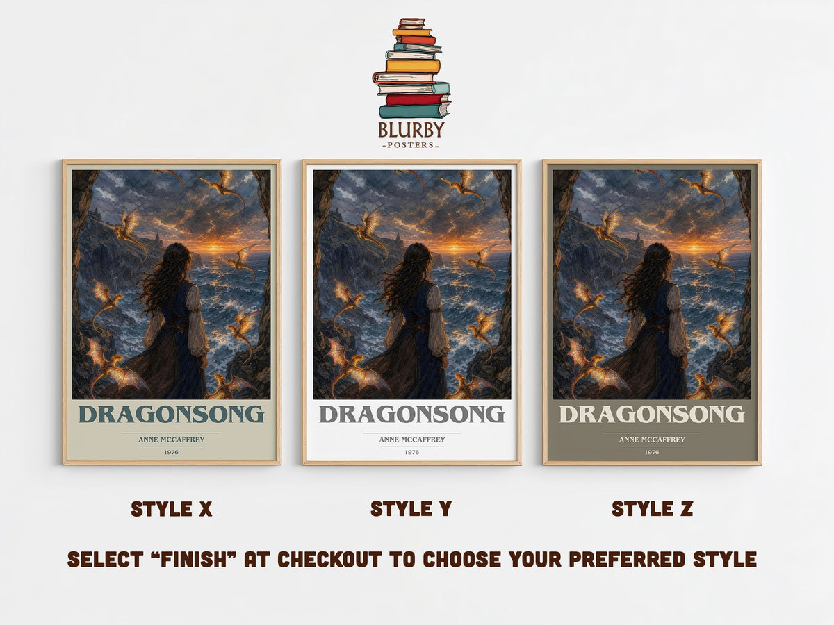 Dragonsong book cover print in frame leaning in hallway – fantasy wall art (mockup)