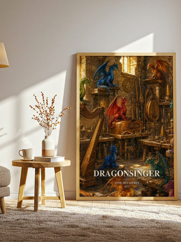 Dragonsinger watercolour print in frame leaning in hallway – fantasy wall art