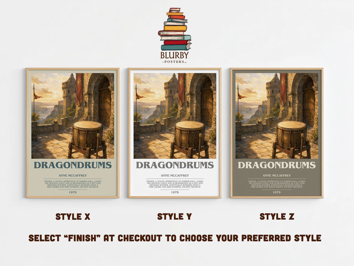 Dragondrums bookish print in frame leaning in hallway – fantasy wall art (mockup)