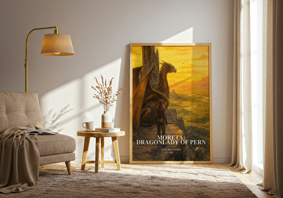 Moreta: Dragonlady of Pern watercolour print in frame leaning in hallway – fantasy wall art (mockup)
