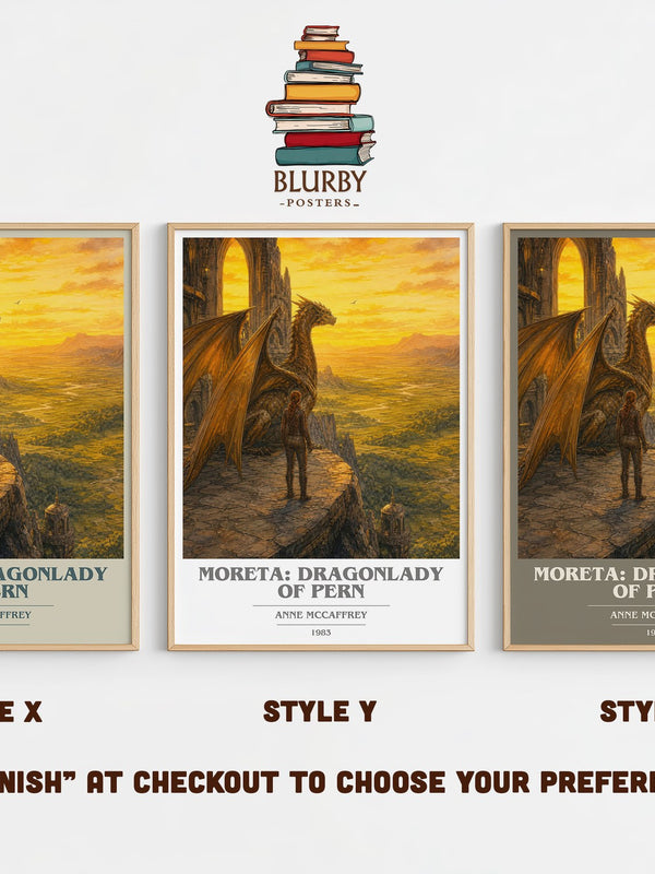 Moreta: Dragonlady of Pern book cover print in frame leaning in hallway – fantasy wall art