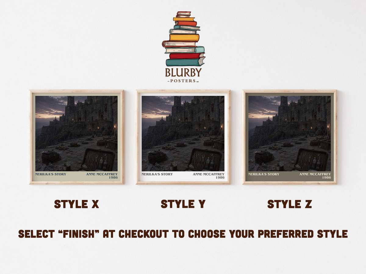 Nerilka's Story literary print in frame leaning in hallway – sci fi wall art (mockup)