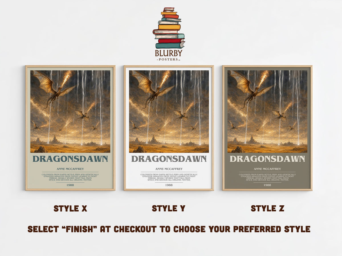 Dragonsdawn bookish print in frame leaning in hallway – sci fi wall art (mockup)