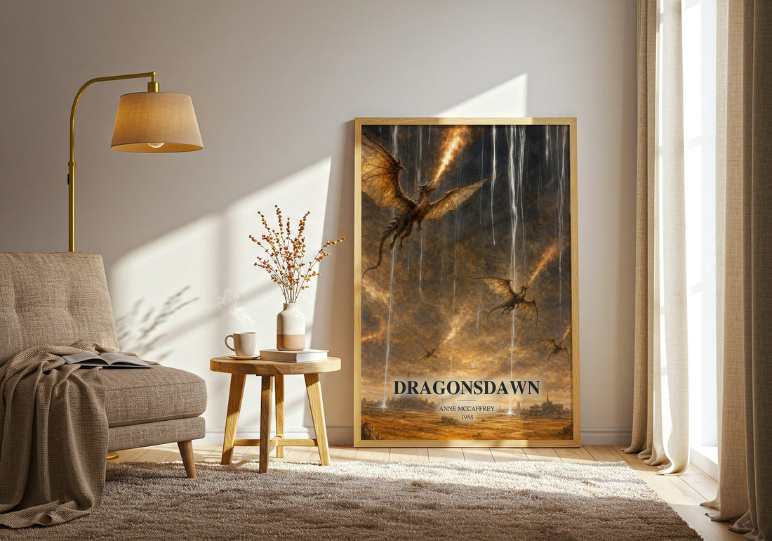 Dragonsdawn watercolour print in frame leaning in hallway – sci fi wall art (mockup)