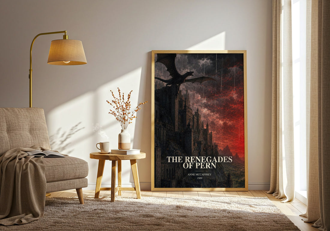 The Renegades of Pern watercolour print in frame leaning in hallway – fantasy wall art (mockup)