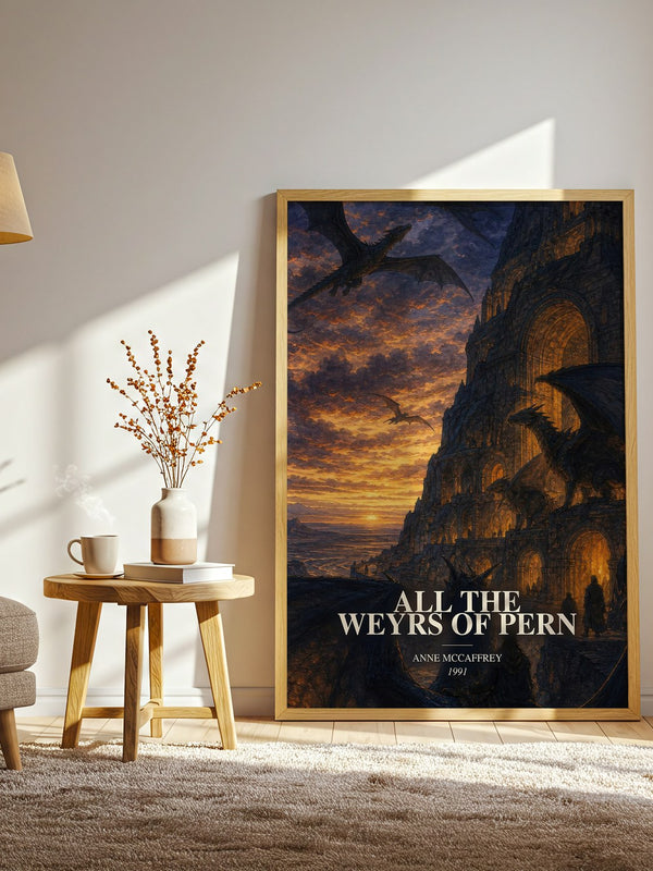 All the Weyrs of Pern watercolour print in frame leaning in hallway – fantasy wall art
