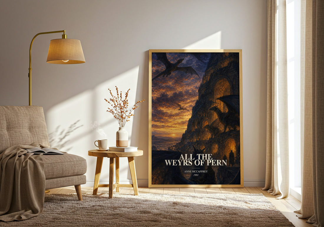 All the Weyrs of Pern watercolour print in frame leaning in hallway – fantasy wall art (mockup)