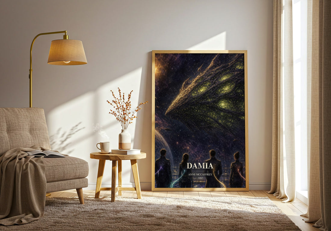 Damia watercolour print in frame leaning in hallway – sci fi wall art (mockup)