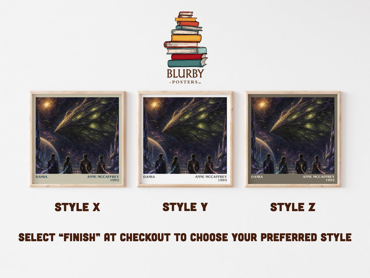 Damia literary print in frame leaning in hallway – sci fi wall art (mockup)