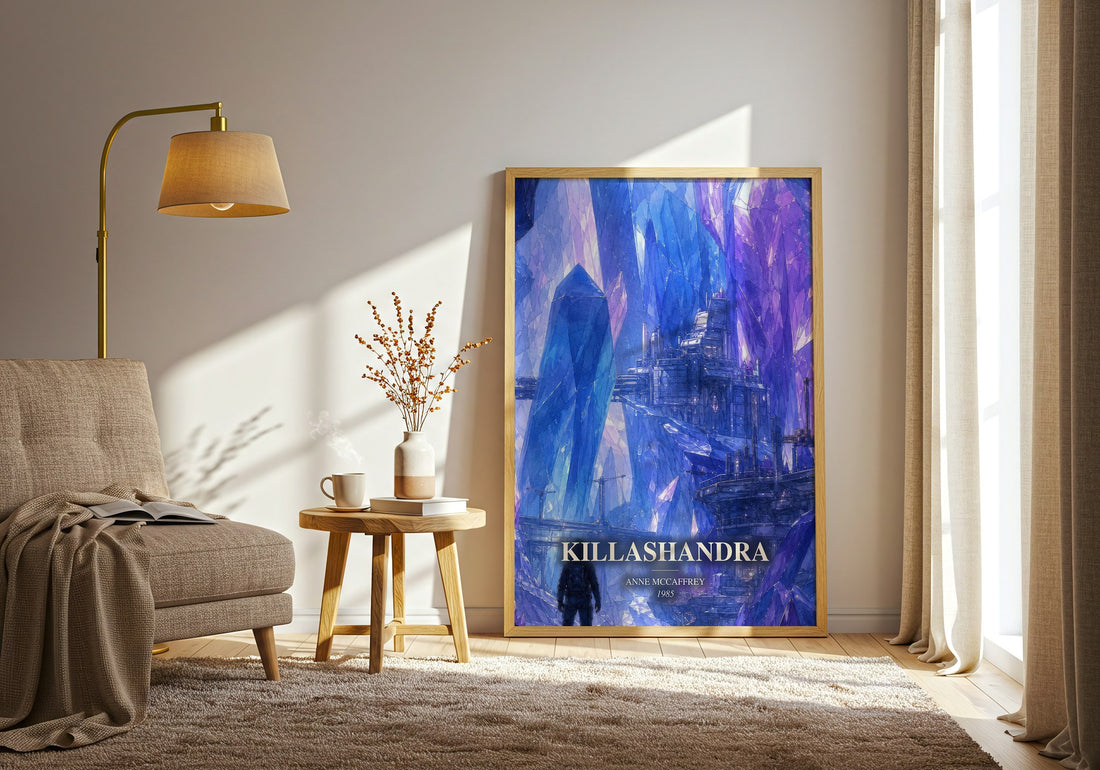Killashandra watercolour print in frame leaning in hallway – sci fi wall art (mockup)