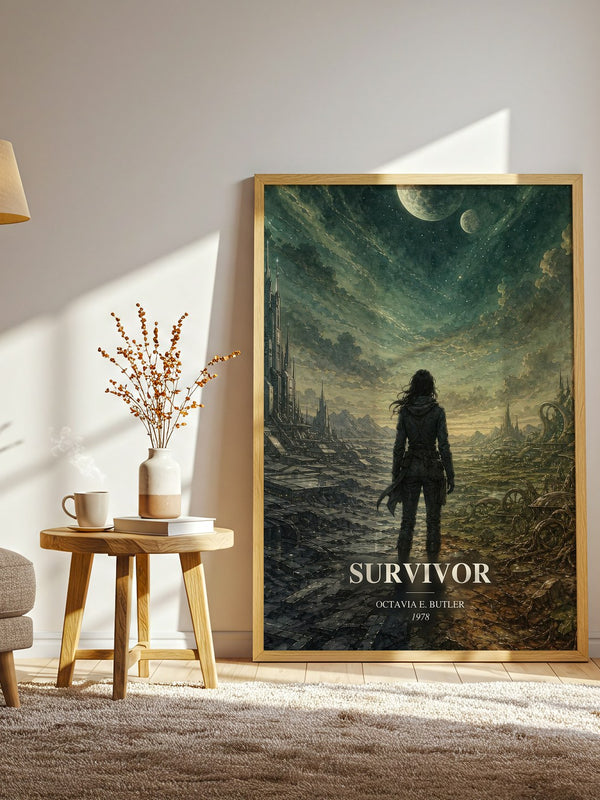 Survivor watercolour print in frame leaning in hallway – sci fi wall art