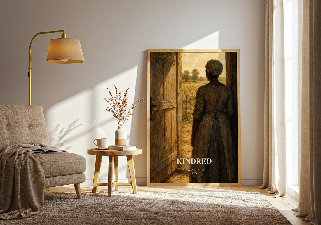 Kindred watercolour print in frame leaning in hallway – sci fi wall art (mockup)