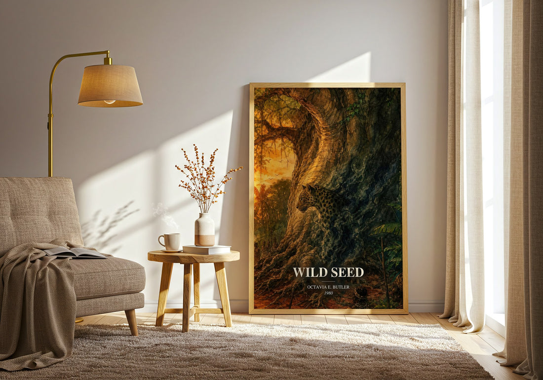 Wild Seed watercolour print in frame leaning in hallway – sci fi wall art (mockup)