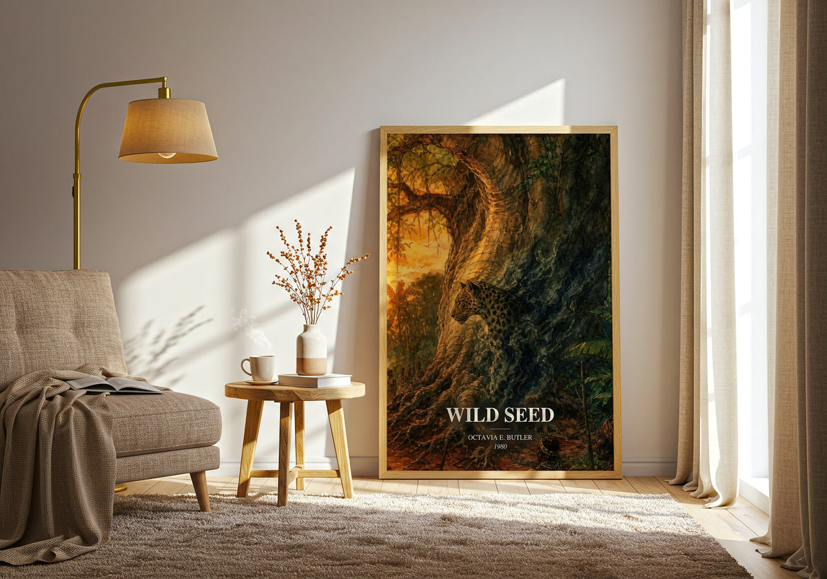 Wild Seed watercolour print in frame leaning in hallway – sci fi wall art (mockup)