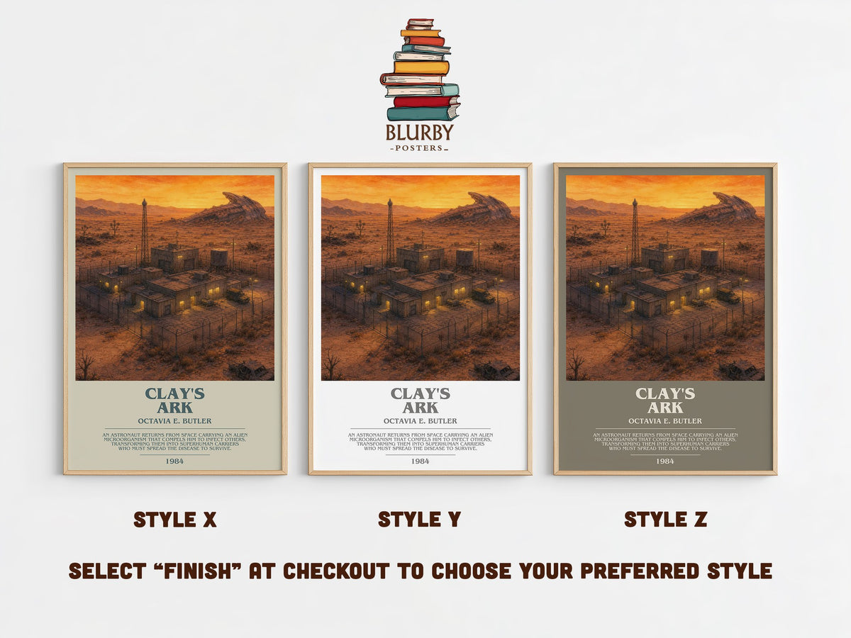 Clay's Ark bookish print in frame leaning in hallway – sci fi wall art (mockup)