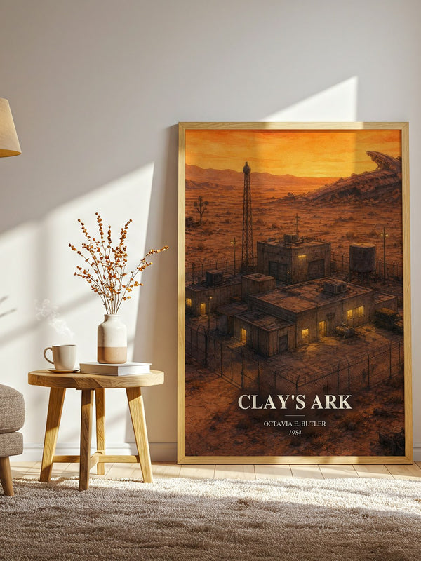 Clay's Ark watercolour print in frame leaning in hallway – sci fi wall art