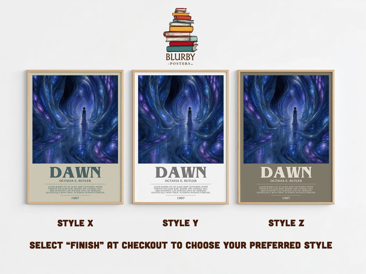 Dawn bookish print in frame leaning in hallway – sci fi wall art (mockup)