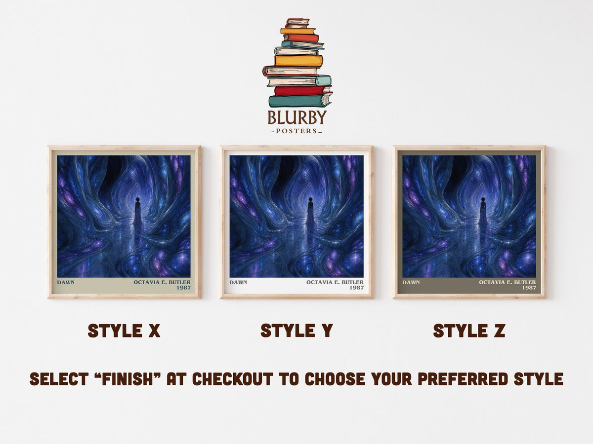 Dawn literary print in frame leaning in hallway – sci fi wall art (mockup)