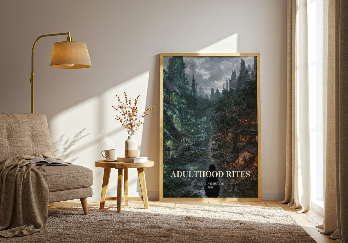 Adulthood Rites watercolour print in frame leaning in hallway – sci fi wall art (mockup)